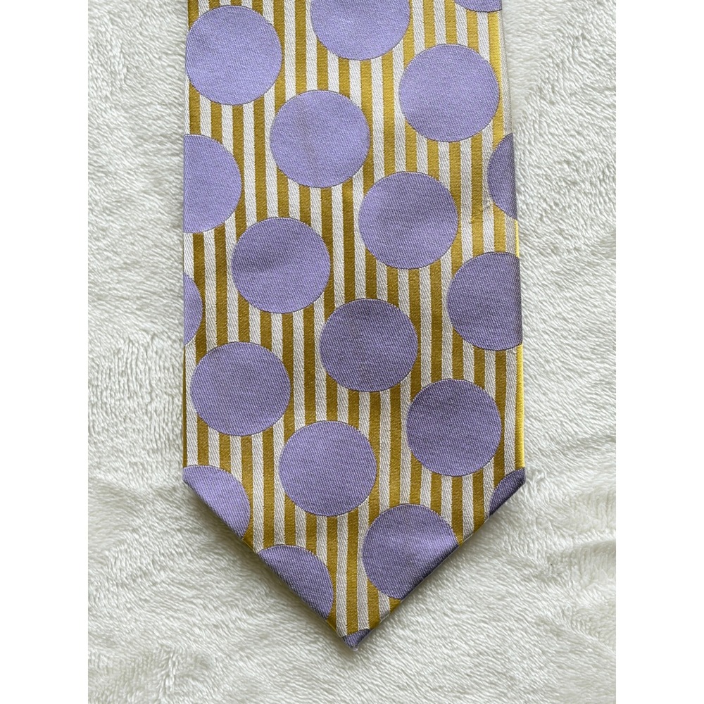 Enzo Brunatti Purple Gold Striped Polka Dot Silk Necktie Men OS Excellent